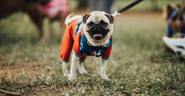 A healthy, happy fawn Pug wearing a blue and red outfit stands on green grass, looking directly at the camera with its mouth