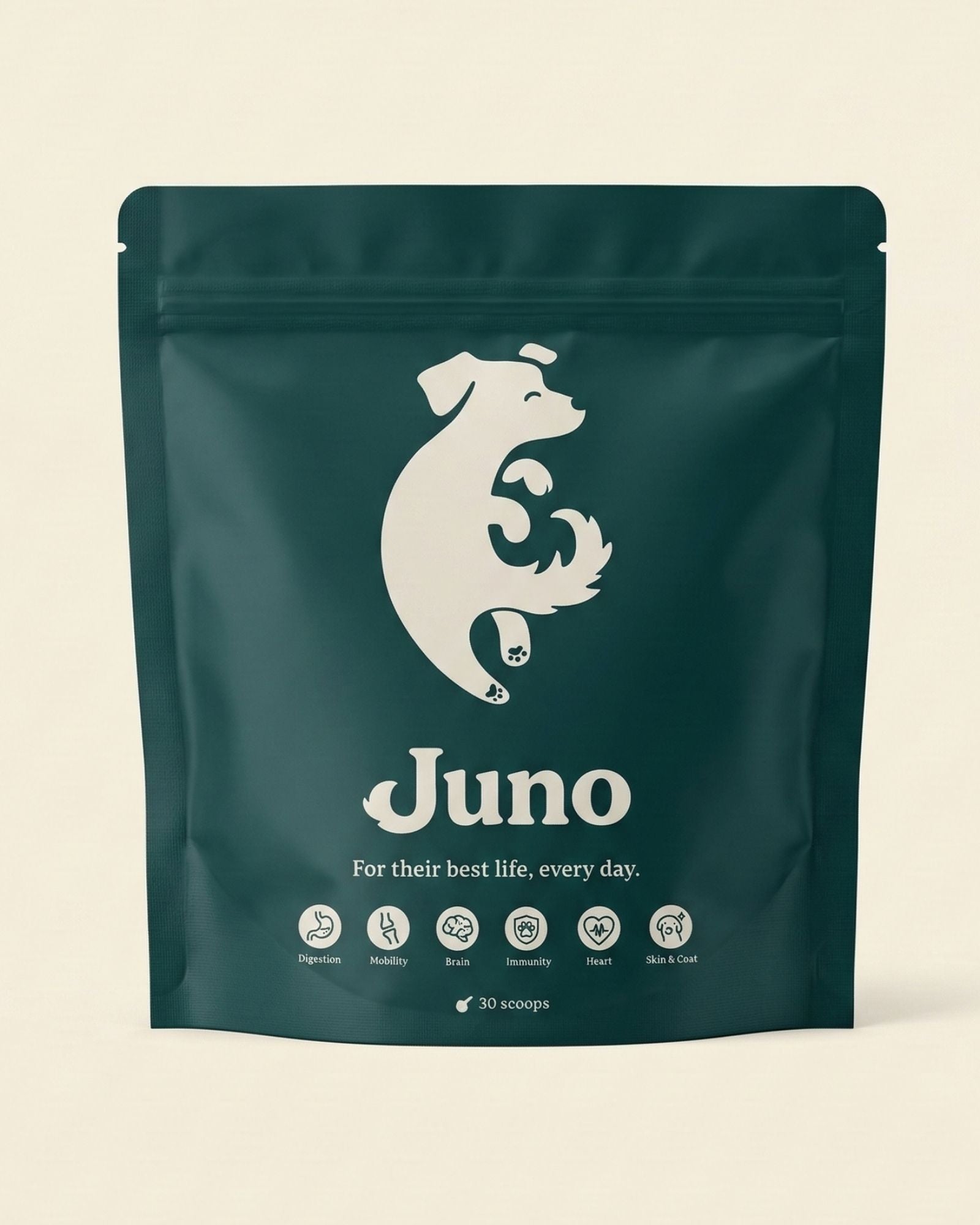 Juno Daily all-in-one dog supplement pouch — vet-formulated daily probiotic, glucosamine and omega-3 powder for dogs, made in the UK