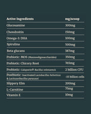 Juno Daily active ingredients infographic with glucosamine chondroitin probiotics and omega 3