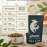 Juno dog supplement packaging with daily dosing guide on a wooden surface.