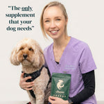 Dr. Rebecca Massie with a dog and a Juno Pets supplement package, with text 'The only supplement that your dog needs'.